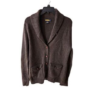 Ralph Lauren Rugby Wool Cardigan Sweater Womens' Large Suede Elbow Patches Brown